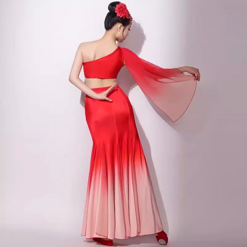 Women Chinese folk Dai dance costumes red gradient peacock dance dresses adult female ethnic Thailand minority fishtail skirt art test competition dancing wear for female